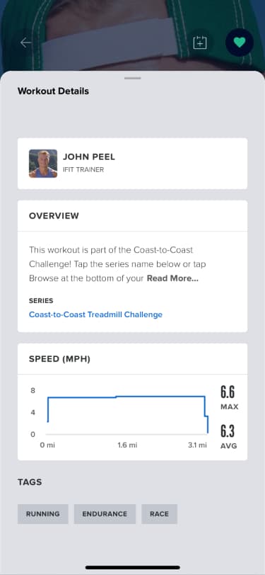 Mobile view of the pre-workout detail drawer of the iFIT app.